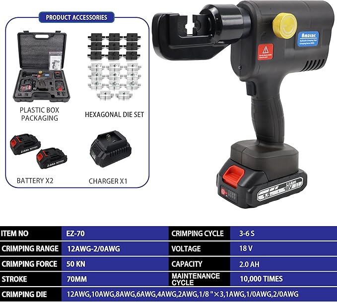 AMZCNC Electric Hydraulic Cable Lug Crimping Tool, 12 AWG to 2/0 AWG Terminal, Cable, Wire Electric Crimper Tool Kit, Battery Crimp Tool Kits with 20 Dies(12AWG~00AWG)