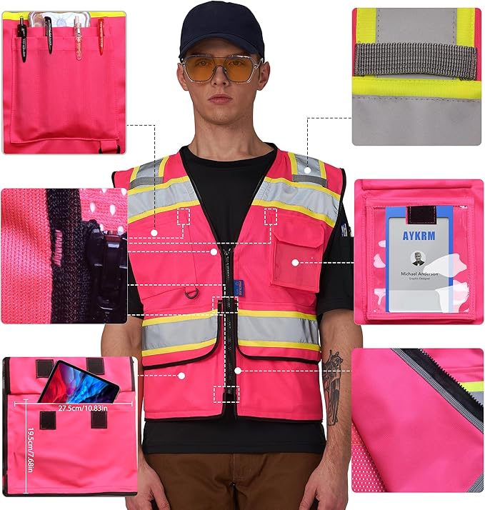 A-SAFETY High Vis Reflective Safety Vest for Men Women Zipper Ipad Pockets Mesh Construction Apparel Neon Vest for Work