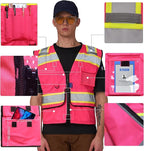 A-SAFETY High Vis Reflective Safety Vest for Men Women Zipper Ipad Pockets Mesh Construction Apparel Neon Vest for Work