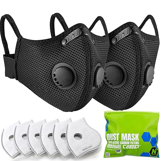 BASE CAMP Upgrade M Plus Dust Mask 2 Pack, Breathable Reusable Dust Face Mask with 6 Activated Carbon Filters for Woodworking Construction Mowing Grinding