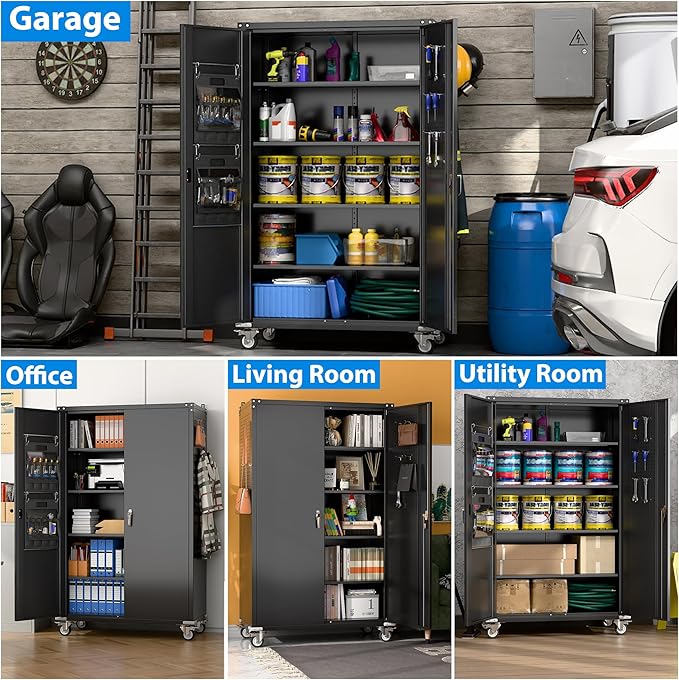 2025 Upgraded Wide & Deep Garage Storage Cabinet with Wheels, Lockable Metal Storage Cabinet with Pegboards and 9 Hooks, 2 Tool Pouches for Garage,4 Adjustable Shelves (Black,43''W x 22''D x 72''H)