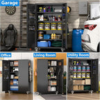 2025 Upgraded Wide & Deep Garage Storage Cabinet with Wheels, Lockable Metal Storage Cabinet with Pegboards and 9 Hooks, 2 Tool Pouches for Garage,4 Adjustable Shelves (Black,43''W x 22''D x 72''H)
