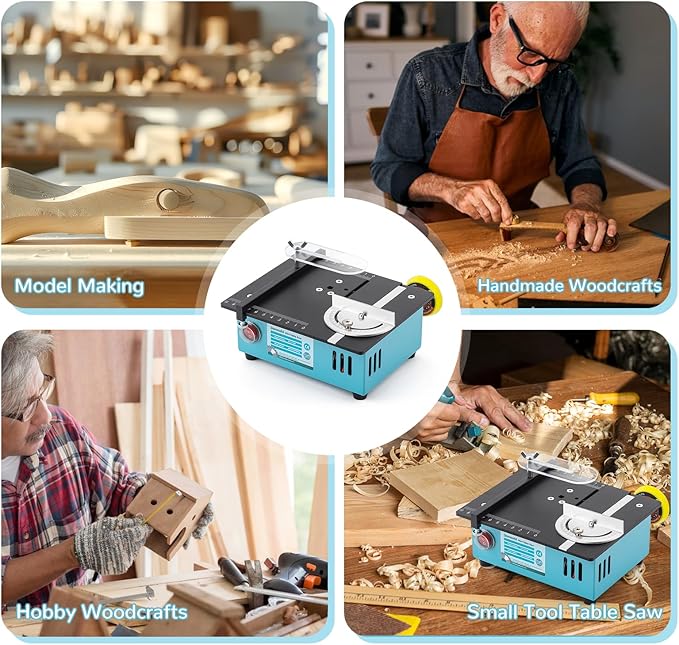 Mini Table Saw, 96W Dual Motor Control 4 Blades Set Cut Thickness 12MM 0-90° Adjust Small Table Saw for Hobby DIY Model Wood Cutting