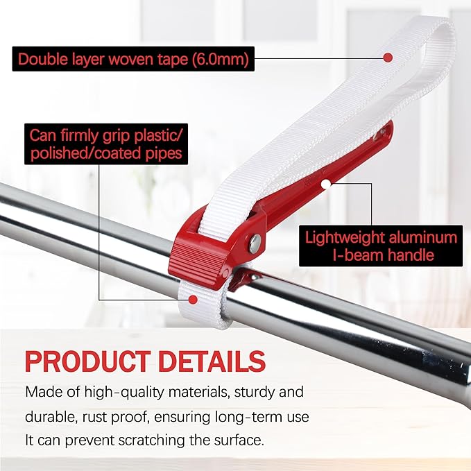 Strap Wrench/Adjustable Nylon Strap Pipe Wrenches 12" Aluminum handle Strap Opener Wrench for Dismantling Oil Filter，Nylon Strap Pipe Wrenchs for Use On Any Polished Pipe （Double nylon strap）