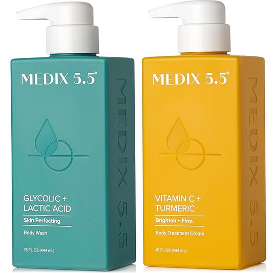 MEDIX 5.5 Exfoliating AHA Glycolic Acid Face & Body Scrub Cleanser + Vitamin C Moisturizing Body Cream Lotion Skin Care 2PC Set | Alpha Hydroxy Acid & Lactic Acid Foaming Body Wash & Face Wash, 2-PC-VeraVaultWomen