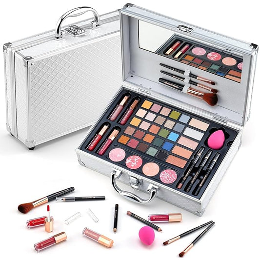 Makeup Kit for Women,All in One Makeup Gift Set for Girls in Cosmetic Train Case (White) With Mirror,Full Starter Cosmetic Kit Includes Eyeshadow Palette,Lipgloss,Blushes-VeraVaultWomen