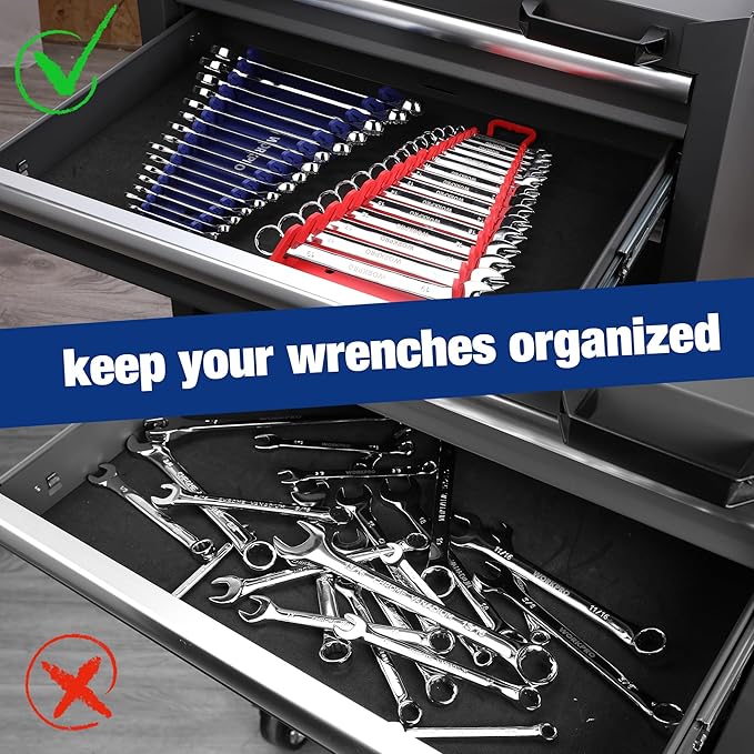 WORKPRO Magnetic Wrench Organizer, 15-Slot Gripper Reverse Wrench Holder for Tool Box, 2-Pack Wrench Rack Fits SAE (1/4” to 1-1/16") and Metric (6mm to 27mm), Flexible Grips, Blue and Red