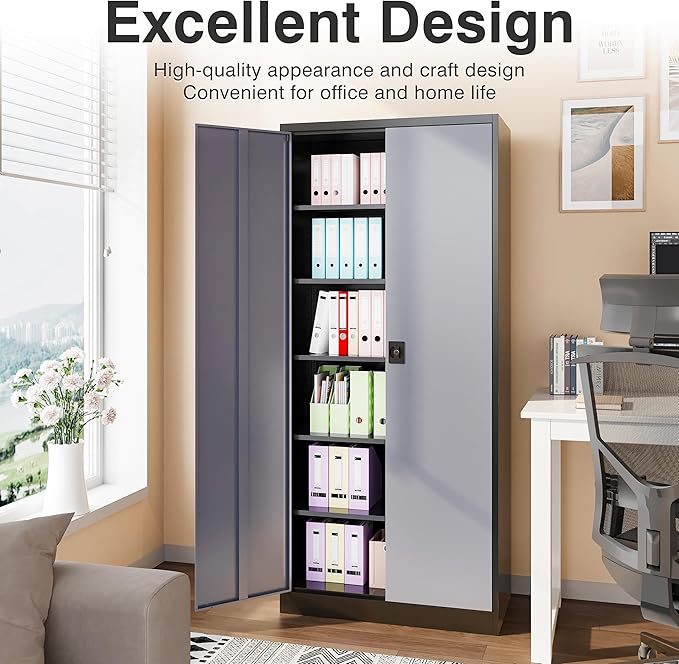 SISESOL Wide & Deep Metal Storage Cabinet with Lock & 5 Adjustable Shelves,72" Gray Garage Storage Cabinet with Locking Doors,Locking Metal Cabinets for Home,Office,Shop,Garage 72x36x18