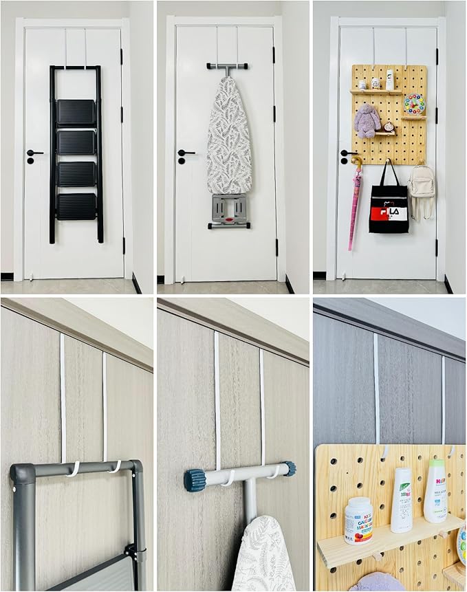 Over The Door Metal Hooks with Plastic Coating 14.2" Fit 0.5" to 1 3/8" Door 4 Pcs Heavy Duty Single Towel Robe Rack Wreath Bathroom Shower Hanger Shoe Organizer Ironing Board Long White