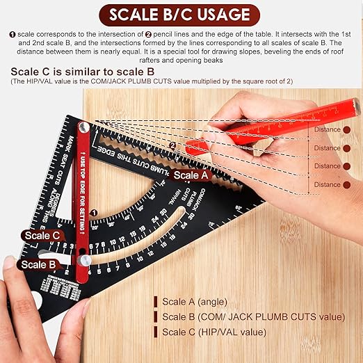 7 inch Carpenter Square, Woodworking Triangle Ruler Set, CNC Aluminum Alloy Framing Square, Adjustable Angle Carpentry Triangle Ruler, Multifunction Carpenter Square Protractor with 5 Pencils