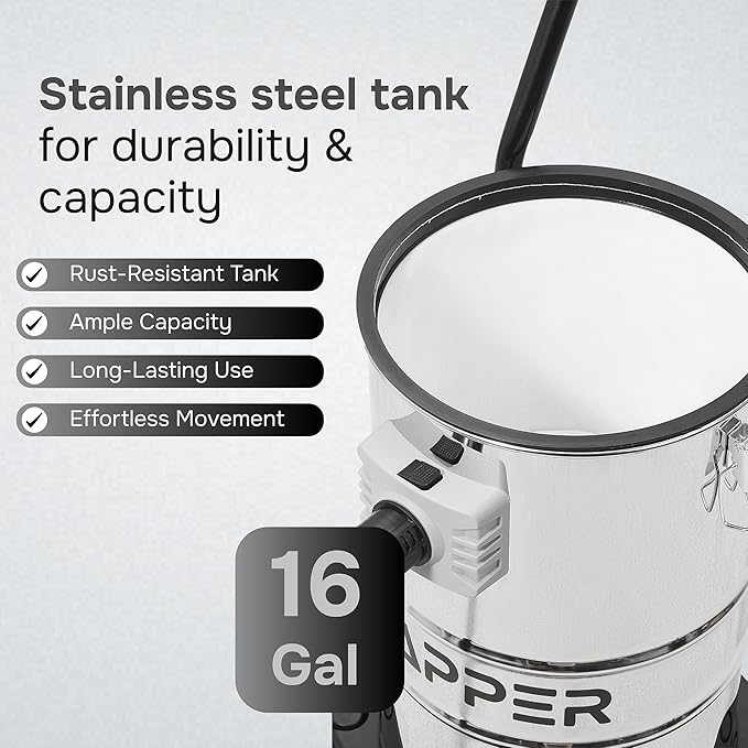 16 Gallon 4.5 Peak HP Wet/Dry Vacuum, Stainless Steel Tank, 3 in 1 Function Portable Shop Vacuum with Attachments, Ideal for Jobsite, Garage & Workshop.