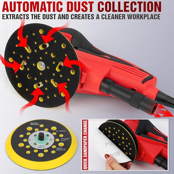 Autolock Electric Random Orbital Sander, 350W Brushless Motor with 5 & 6 Inch Pads, 10000RPM Palm Sander for Woodworking, Sanding and Polishing (Red)