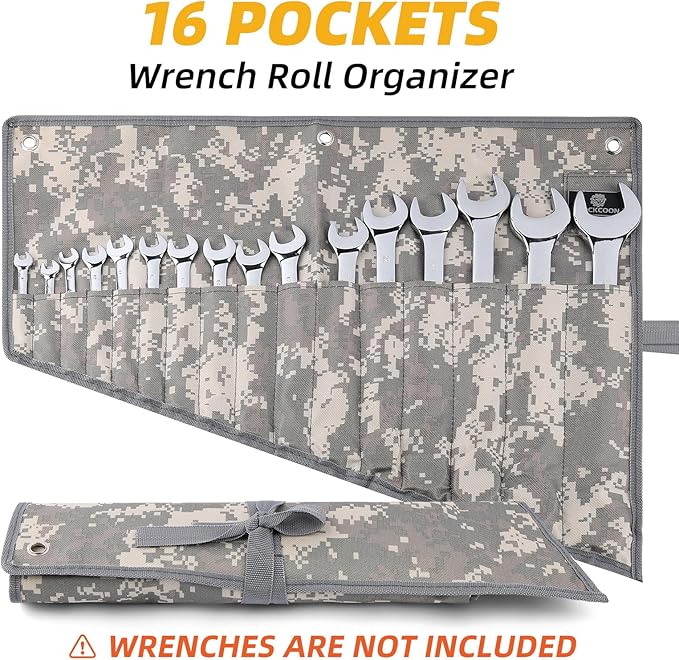 16 Pocket Wrench Roll Organizer, Rolled Tool Pouch Bag with Water Proof Oxford Cloth, Light Camouflage