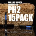 15 Pack Phillips Impact Driver Bits, #2 Phillips Head Magnetic Screwdriver Bits Set, 2 Inch S2 Alloy Steel Impact Bits, 1/4" Hex Shank Screwdriver Drill Bit, CNC Machined ph2 Impact Drill Bits