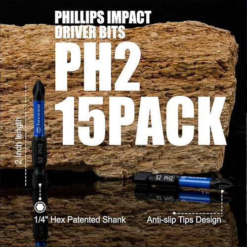 15 Pack Phillips Impact Driver Bits, #2 Phillips Head Magnetic Screwdriver Bits Set, 2 Inch S2 Alloy Steel Impact Bits, 1/4" Hex Shank Screwdriver Drill Bit, CNC Machined ph2 Impact Drill Bits
