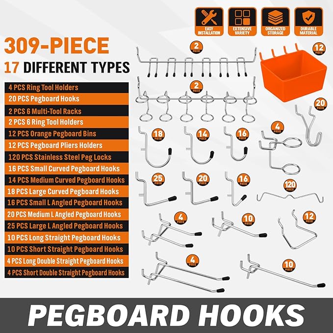 HORUSDY 309 PCS Pegboard Hooks Assortment Kit – 17 Types Heavy Duty Peg Board Hooks & Organizer Accessories – Fits 1/8 & 1/4 Inch Pegboard Durable Metal Wall Hooks for Garage Kitchen Workshop