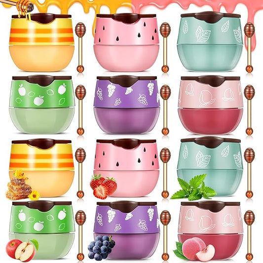 12 Pcs Bee Lip Balm Honey Pot with Brush Propolis Lip Mask Overnight, Moisturizing Hydrating Lip Sleeping Mask Prevention Dry and Cracked(Honey+Peach+Grape+Strawberry+Apple Lime+Mint)-VeraVaultWomen