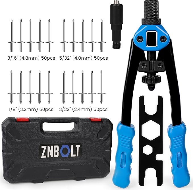 Dual Function Hand Rivet Gun with Rugged Carrying Case – Heavy Duty Single Hand Riveter with 400+ pcs Rivet Nuts, 15 Mandrels, 5 Rivet Nozzles, Blind Rivets for Plastic, Wood, Metal, Leather