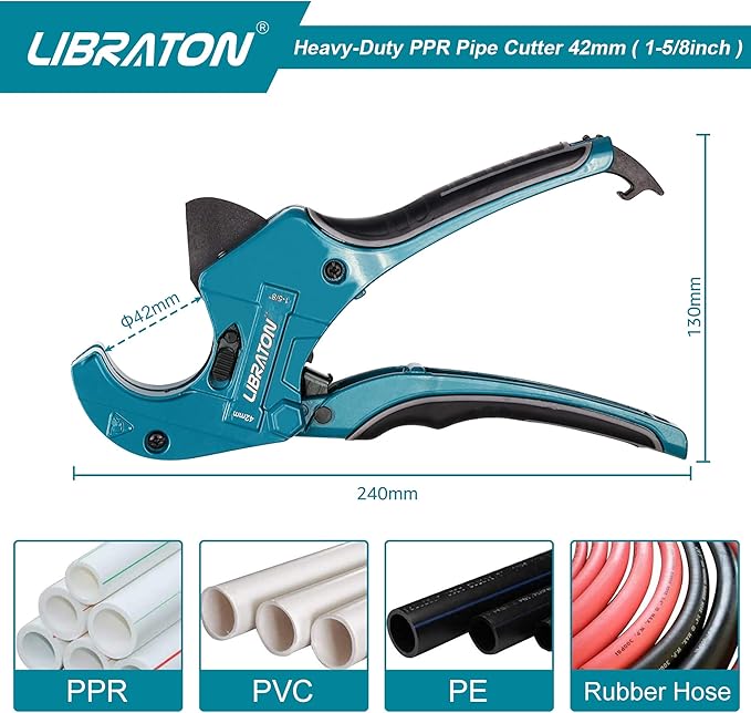 Libraton PVC Cutter 1-5/8", PVC Pipe Cutter, Ratcheting PVC Cutter with Replacement Blade, Plastic Pipe Cutter, ABS Cutter for PVC, PEX PPR Plastic Pipes, Hoses and Plumbing Pipes
