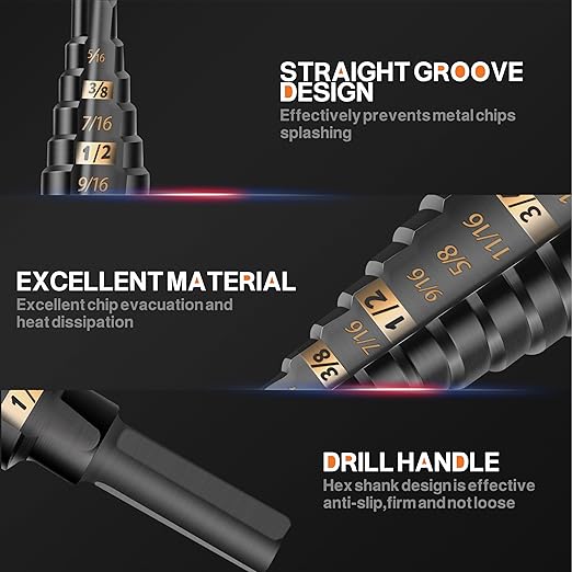 KSEIBI #3 HSS Step Drill Bit Set 1/4-3/4" with 3/8 Shank - Black Oxide Finish for Metal, Wood, Plastic Drilling - Durable, Precision Multi-Sized Bits with 3-Flat Shank 575045