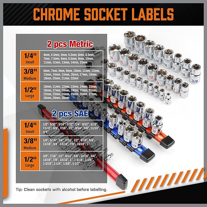 HORUSDY 6Pcs Double Sided Socket Organizer, 1/4-Inch, 3/8-Inch, 1/2-Inch, Premium Quality Socket Holders (6Pcs Double Sided Socket Organizer)