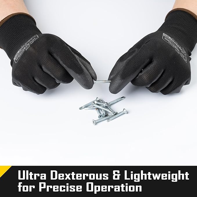 COOLJOB 60 Pairs Safety Work Gloves Pack Bulk with Grip PU Coating, 13 Gauge Seamless Knit Gloves with Polyurethane Dipped for Warehouse Working, Breathable Lightweight for Men Women, Black Large