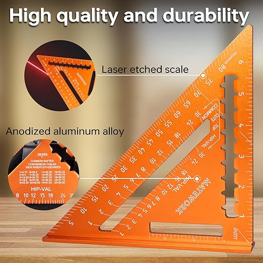 Carpenter Square 7 Inch, Rafter Square for Angle Drawing, Measuring Square Tool, Framing Square Layout Aluminum Tool for Woodworking and Carpentry