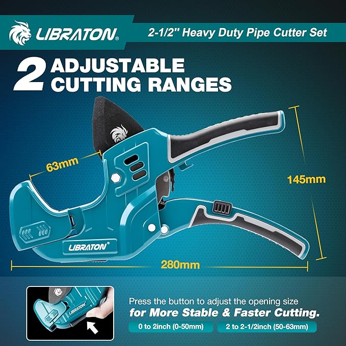 Libraton PVC Pipe Cutter, Up to 2-1/2", Ratchet Pipe Cutter Tool for PEX, PVC, PPR Plastic Hoses Plumbing, Heavy-Duty Pipe Cutter with Deburring Tool Replacement Blade, 2 Adjustable Cutting Ranges