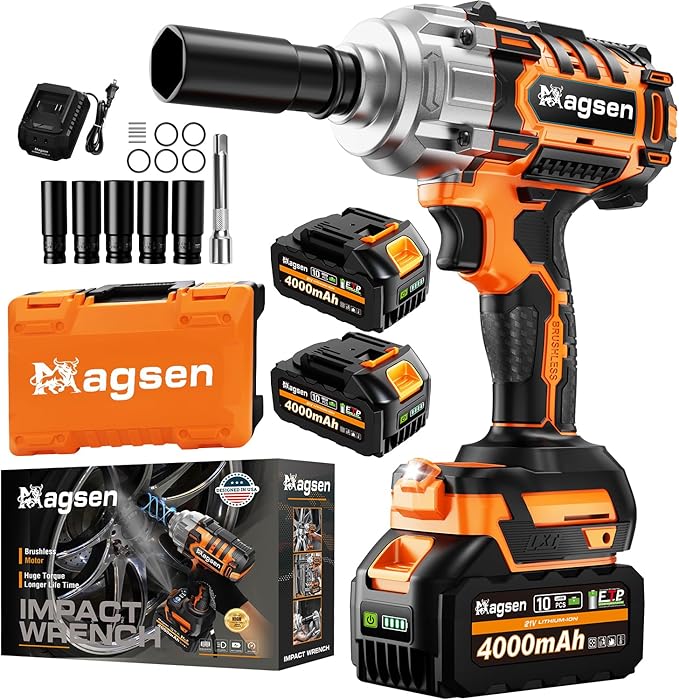 1/2 inch Cordless Impact Wrench, High Torque 900Ft-lbs (1200N.m) Brushless Impact Gun,3800RPM,2x4000mAh Battery, 6 Sockets,LED Light,Electric Impact Motor Variable Speeds for Car/Mower/Pickup