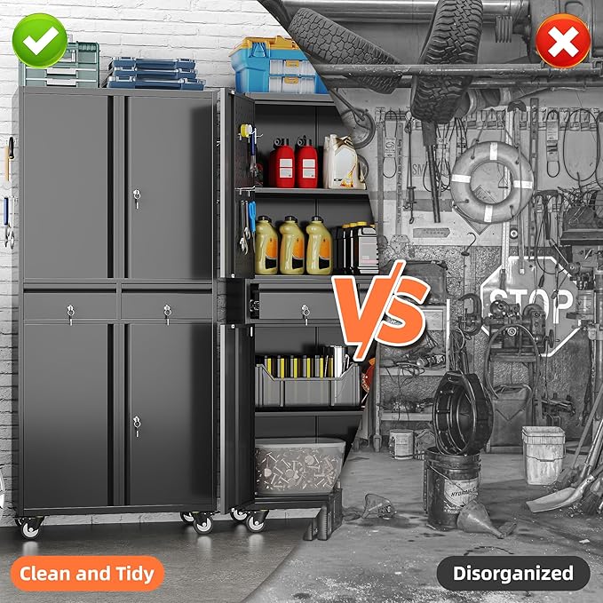 Aobabo Metal Storage Cabinet with Wheels and 2 Locking Drawers, Steel Rolling Tool Cabinet with 8 Hooks and 2 Adjustable Shelves for Garage, Home, Office, Kitchen, Assembly Required, Black