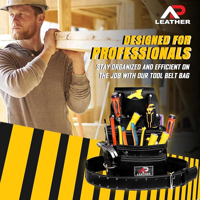 Pro-015 Leather Tool Pouch for Construction,Heavy Duty Hammer Holder,Buckle,3 Pocket Large with Belt, 12 Small Pocket, Tool Organizer