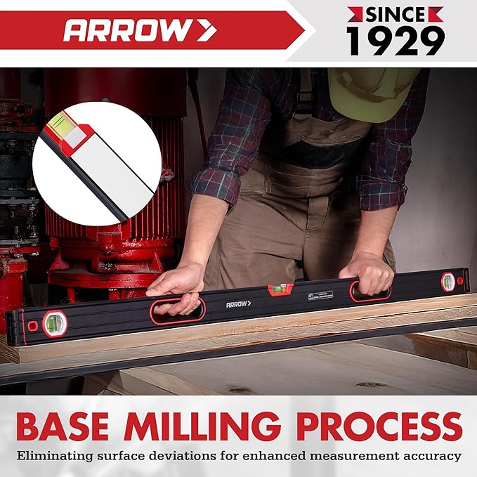 ARROW 3-Piece Spirit Level Set Included 9"/16"/48" Level with 45°/90°/180° Bubbles, Carrying Bag, Aluminum Alloy Body, Precision-Machined Base & Shockproof Rubber End Caps for Construction, Carpentry