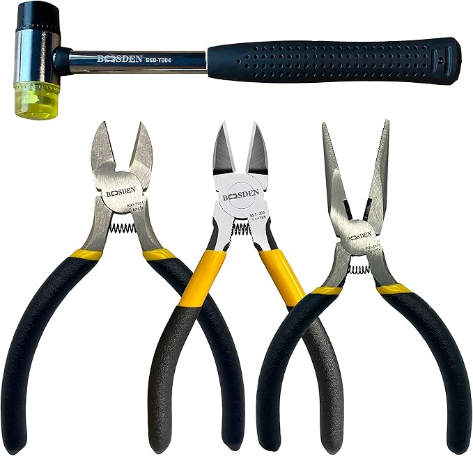 BOOSDEN 4-Piece Pliers Set Including 25mm Rubber Hammer, 5" Wire Cutters, 5" Needle Nose Pliers, 5" Diagonal Cutters For Basic Repair, DIY Projects and Home Maintenance