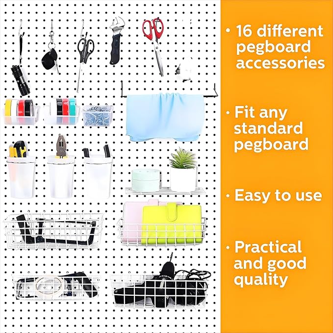 95 Pieces Pegboard Accessories Set Including Pegboard Storage Basket with Hooks Pegboard Cups with Holder Wire Shelf Tissue Storage Box Clothes Board for Garage Storage Craft Workshop (Clear)