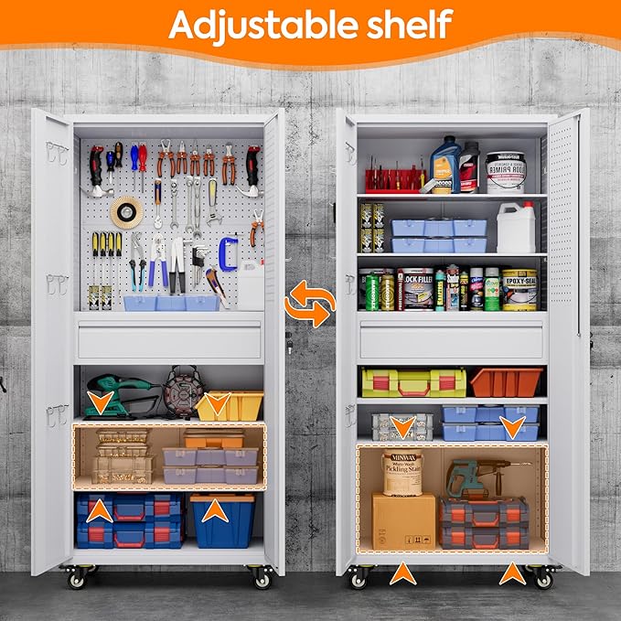 Aobabo Metal Storage Cabinet with Wheels and 1 Interior Drawer, Steel Rolling Tool Cabinet with 16 Hooks and 2 Adjustable Shelves for Garage, Home, Office, Kitchen Assembly Required, White