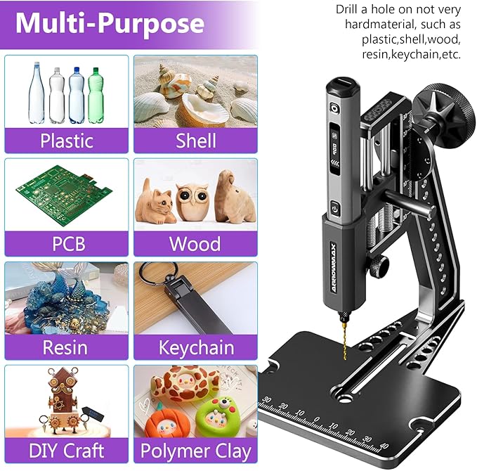 AM ARROWMAX Mini Electric Drill Pen with Benchtop Press, 5-Speed, 10 Small Drill Bits with Aluminium Box, LED Lights, OLED Display, Resin Drill Set For Jewelry Making, Plastic, Wood (SDS PLUS)