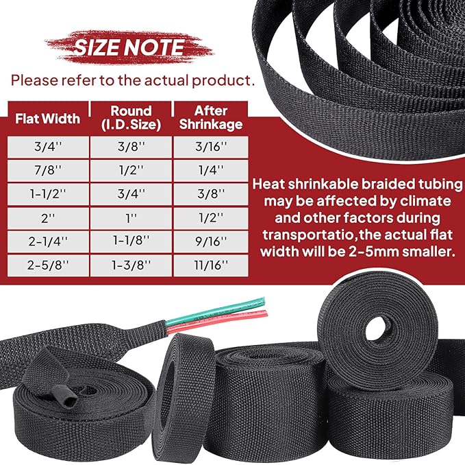 Heat Shrink Wire Loom 2:1 Shrinkable Braided Cable Sleeve 1/2 Inch ID-46ft Abrasion Protection Flexibility Fabric Wiring Harness Cover Sheath
