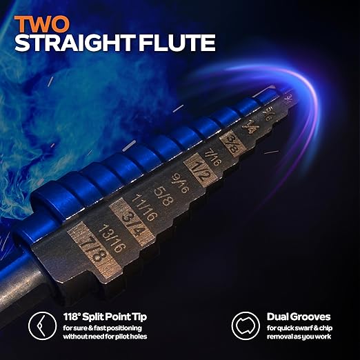 KSEIBI 598240 Industrial Grade Unibit 5-Pieces Step Drill Bits Set 3-Flat Shank, High-Speed Steel Metal Drill Bits Kit Black Oxide M2 for Drilling Stainless Steel, Aluminium, Wood