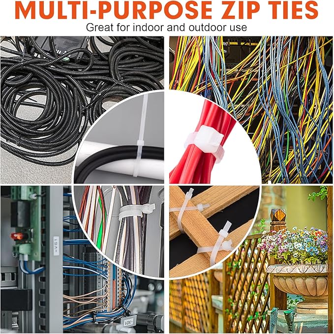 Zip Ties, RAZCC 1200pcs White Cable Zip Ties 8 Inch, Heavy Duty Plastic Wire Ties with 70lb Tensile Strength, Self-Locking White Nylon Tie Wraps for Indoor and Outdoor