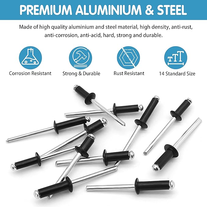 500pcs Black Rivets Pop Rivets Assortment Kit, 14 SAE Sizes Aluminum Rivets (3/32" 1/8" 5/32" 3/16"), Assorted Blind Rivets with Reinfored Divider & Labeled Case for Storage