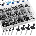 smseace 800pcs Black Pop Rivets with Large Flange Rivets Assortment Kit 7-Sizes Black Rivets with Large Head(1/8" 3/16" 1/4") 8-Sizes Small Rivets (3/32" 1/8" 5/32" 3/16") Pop Rivets Assortment kit