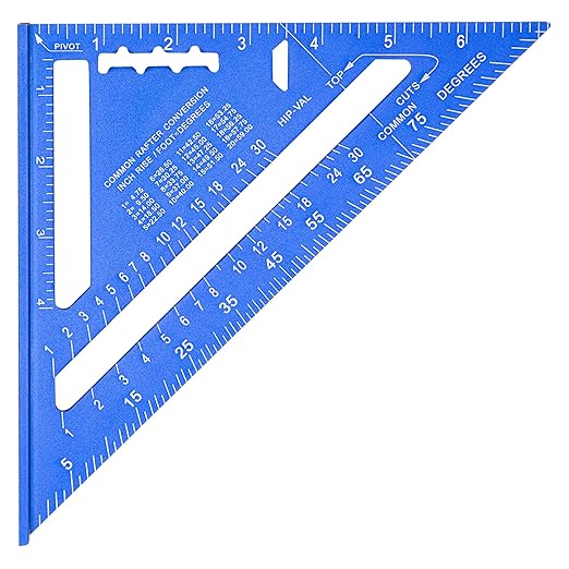 Beslands Aluminum 7-inch Rafter Square Carpenter Layout Tool Alloy Triangle Ruler Protractor Blue（Imperial）