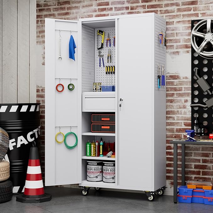 Aobabo Metal Storage Cabinet with Wheels and 1 Interior Drawer, Steel Rolling Tool Cabinet with 16 Hooks and 2 Adjustable Shelves for Garage, Home, Office, Kitchen Assembly Required, White