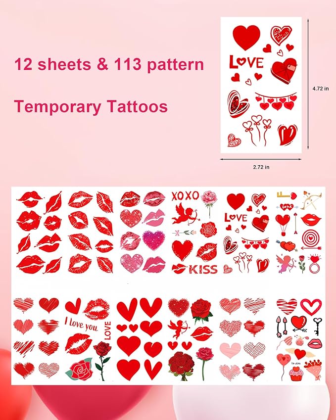 Heart Temporary Tattoos for Kids, 12 Sheets Love Confession Decorations for Classroom Girls Boys School Class Bday, 113pcs Pattern for Festivals and Parties (Red - Love)