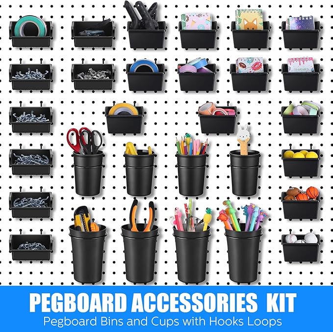64 Pieces Pegboard Bins Pegboard Cups with Hooks and Loops Peg Hooks Assortment Organizer Accessory for Organizing Accessories Tools Storage Office Workshop Garage Workbench (Black)