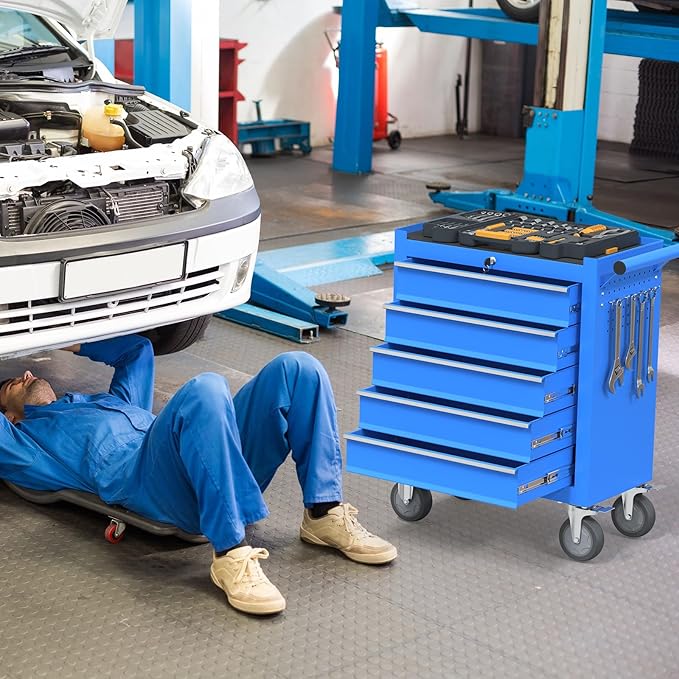 5 Drawers Rolling Tool Chest, Large Capacity Metal Tool Box with Wheels and Drawers, Tool Storage Cabinet with Keyed Locking, Tool Organizer Box for Garage, Workshop, Warehouse (Blue)