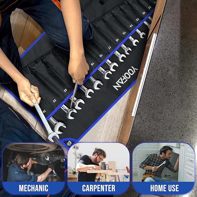 YOOFAN Wrench Roll Up Pouch – Wrench Organizer Bag with Handle, Wrench Holder for Hanging (19+1 Metric)