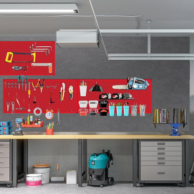 Pegboard Rack Garage Storage Steel Horizontal PegBoard Pack,Steel Pegboard Heavy Duty- 3 Pack 16-Inch X 36-Inch Metal Peg Board Tool Organization Panels (Red)