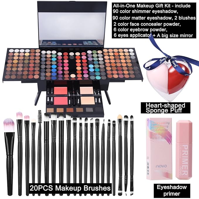 Makeup Gift Sets For Women - 190 Colors Makeup Palette Include Eyeshadow, Blushes, Eyebrow Powder,Eye Pencil,Mirror+20Pcs Makeup Brushes+Eyeshadow Primer+2Pcs Sponge Puff Make Up Set (Makeup Set A)-VeraVaultWomen