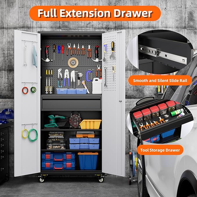 Aobabo Metal Storage Cabinet with Wheels and 1 Interior Drawer, Steel Rolling Tool Cabinet with 16 Hooks and 2 Adjustable Shelves for Garage, Home, Office, Kitchen, Black Gray, Assembly Required